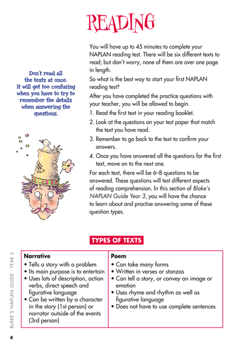 Sample interior page from Blake's NAPLAN Year 3 Test Guide showing explanations and worked examples in colour