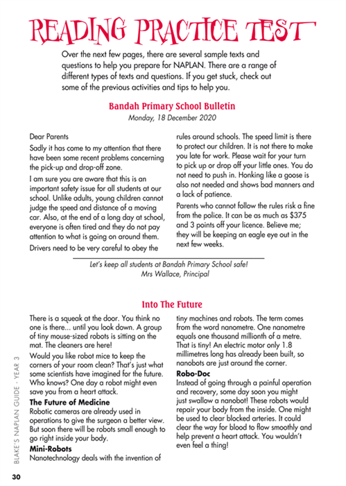 Sample interior page from Blake's NAPLAN Year 3 Test Guide showing explanations and worked examples in colour