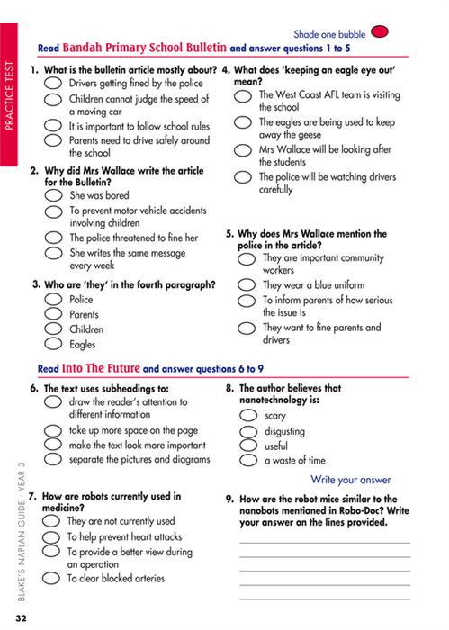 Sample interior page from Blake's NAPLAN Year 3 Test Guide showing explanations and worked examples in colour