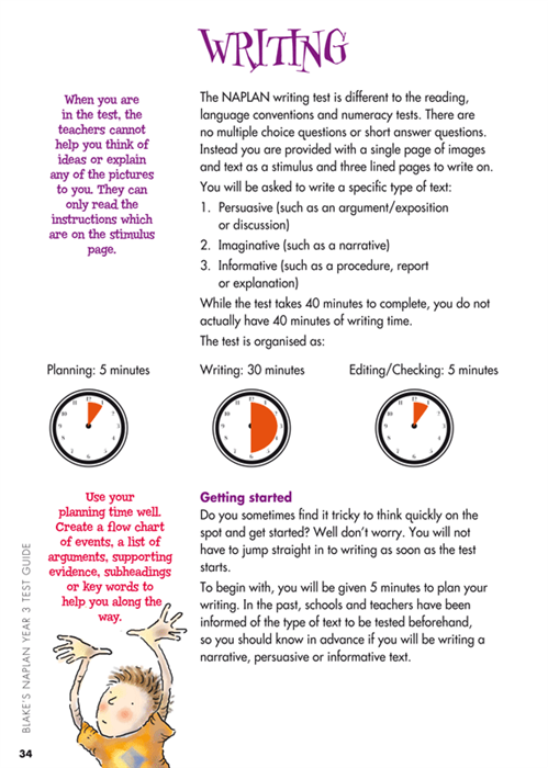 Sample interior page from Blake's NAPLAN Year 3 Test Guide showing explanations and worked examples in colour