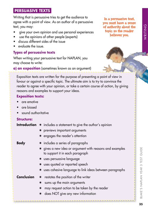 Sample interior page from Blake's NAPLAN Year 3 Test Guide showing explanations and worked examples in colour