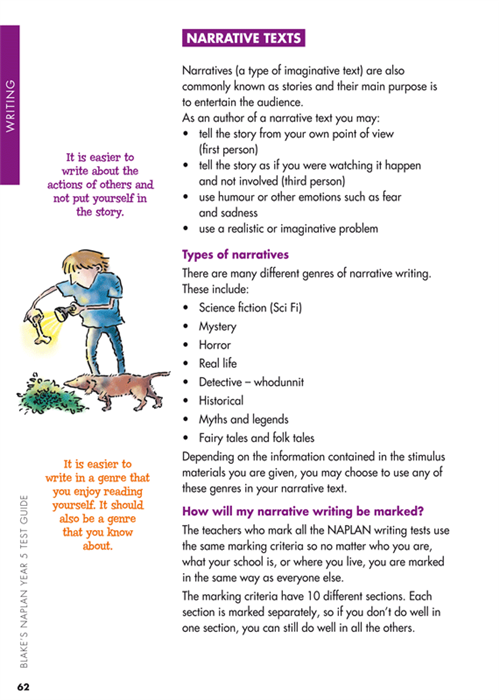 Sample interior page from Blake's NAPLAN Year 5 Test Guide showing explanations and worked examples in colour