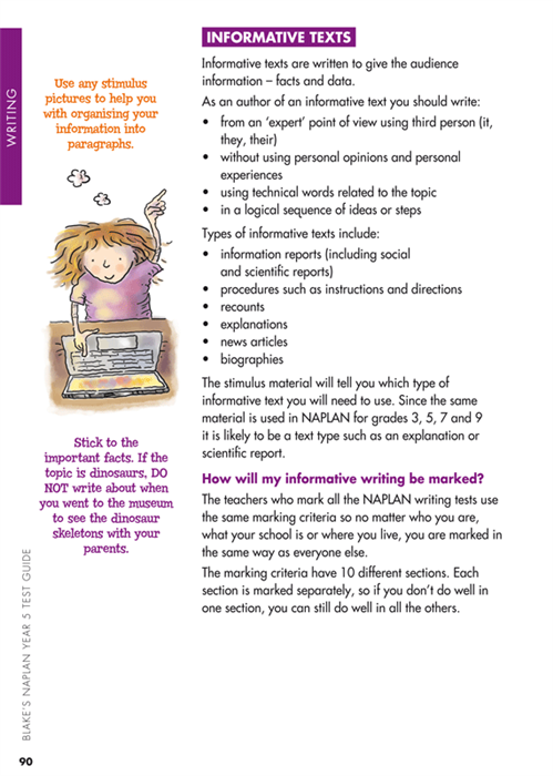 Sample interior page from Blake's NAPLAN Year 5 Test Guide showing explanations and worked examples in colour