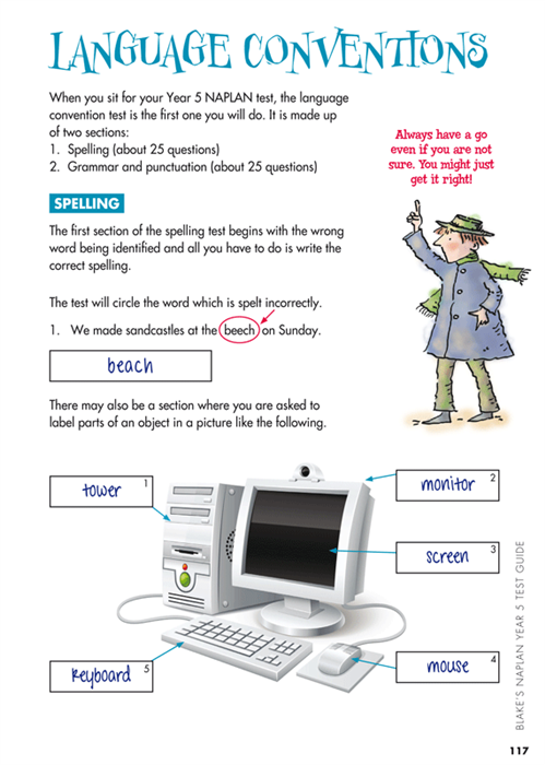 Sample interior page from Blake's NAPLAN Year 5 Test Guide showing explanations and worked examples in colour