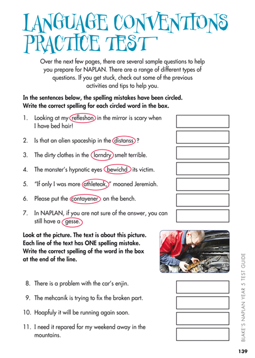 Sample interior page from Blake's NAPLAN Year 5 Test Guide showing explanations and worked examples in colour
