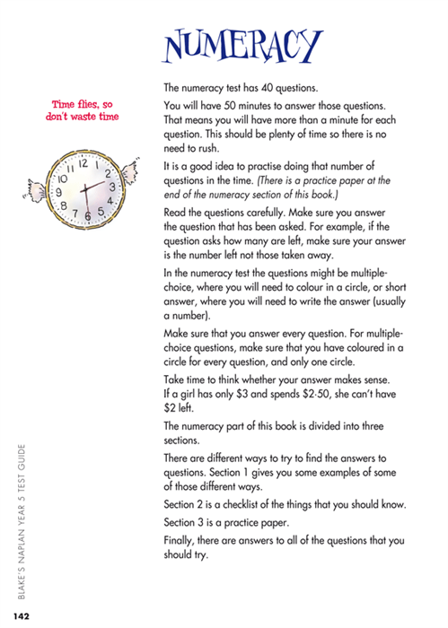 Sample interior page from Blake's NAPLAN Year 5 Test Guide showing explanations and worked examples in colour