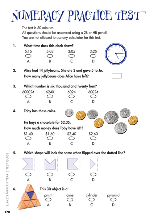 Sample interior page from Blake's NAPLAN Year 5 Test Guide showing explanations and worked examples in colour