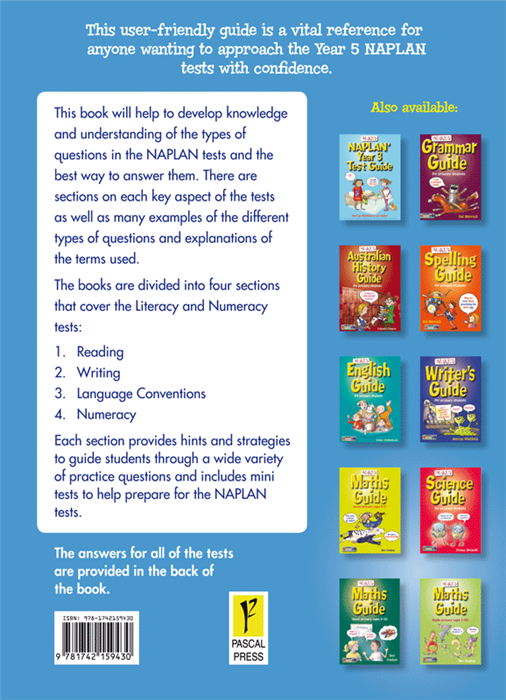 Sample interior page from Blake's NAPLAN Year 5 Test Guide showing explanations and worked examples in colour