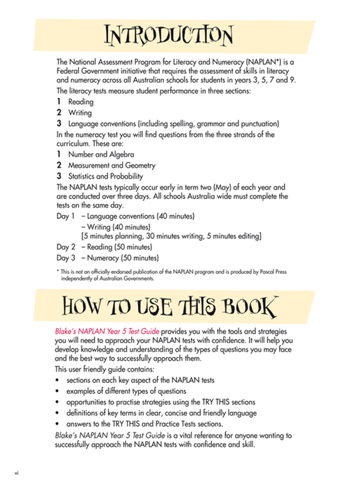 Sample interior page from Blake's NAPLAN Year 5 Test Guide showing explanations and worked examples in colour