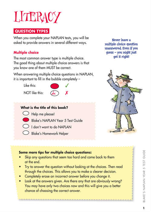 Sample interior page from Blake's NAPLAN Year 5 Test Guide showing explanations and worked examples in colour
