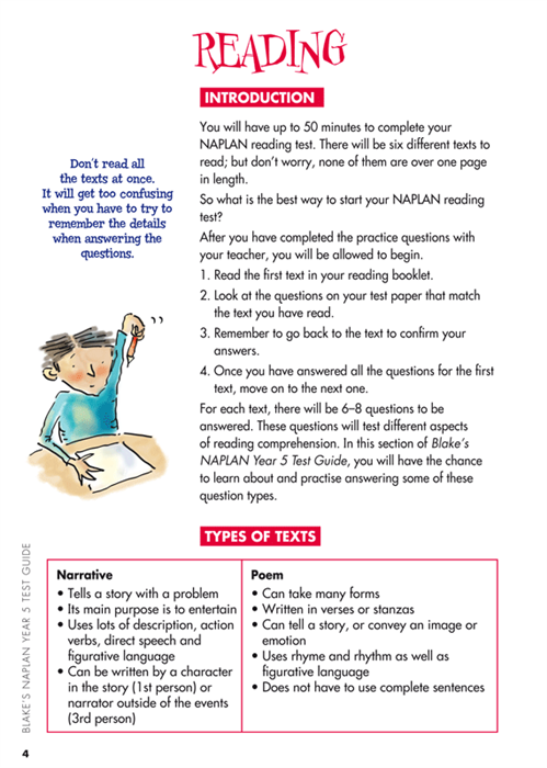 Sample interior page from Blake's NAPLAN Year 5 Test Guide showing explanations and worked examples in colour