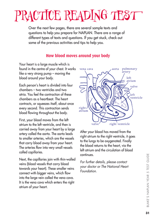 Sample interior page from Blake's NAPLAN Year 5 Test Guide showing explanations and worked examples in colour