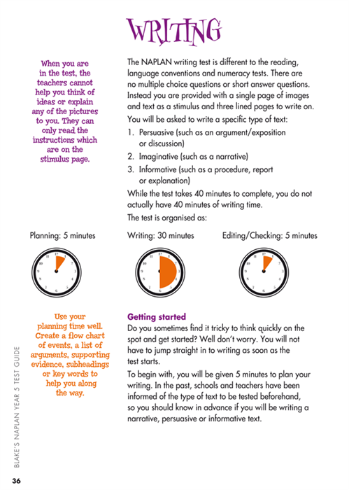 Sample interior page from Blake's NAPLAN Year 5 Test Guide showing explanations and worked examples in colour