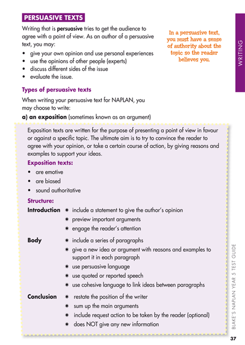 Sample interior page from Blake's NAPLAN Year 5 Test Guide showing explanations and worked examples in colour