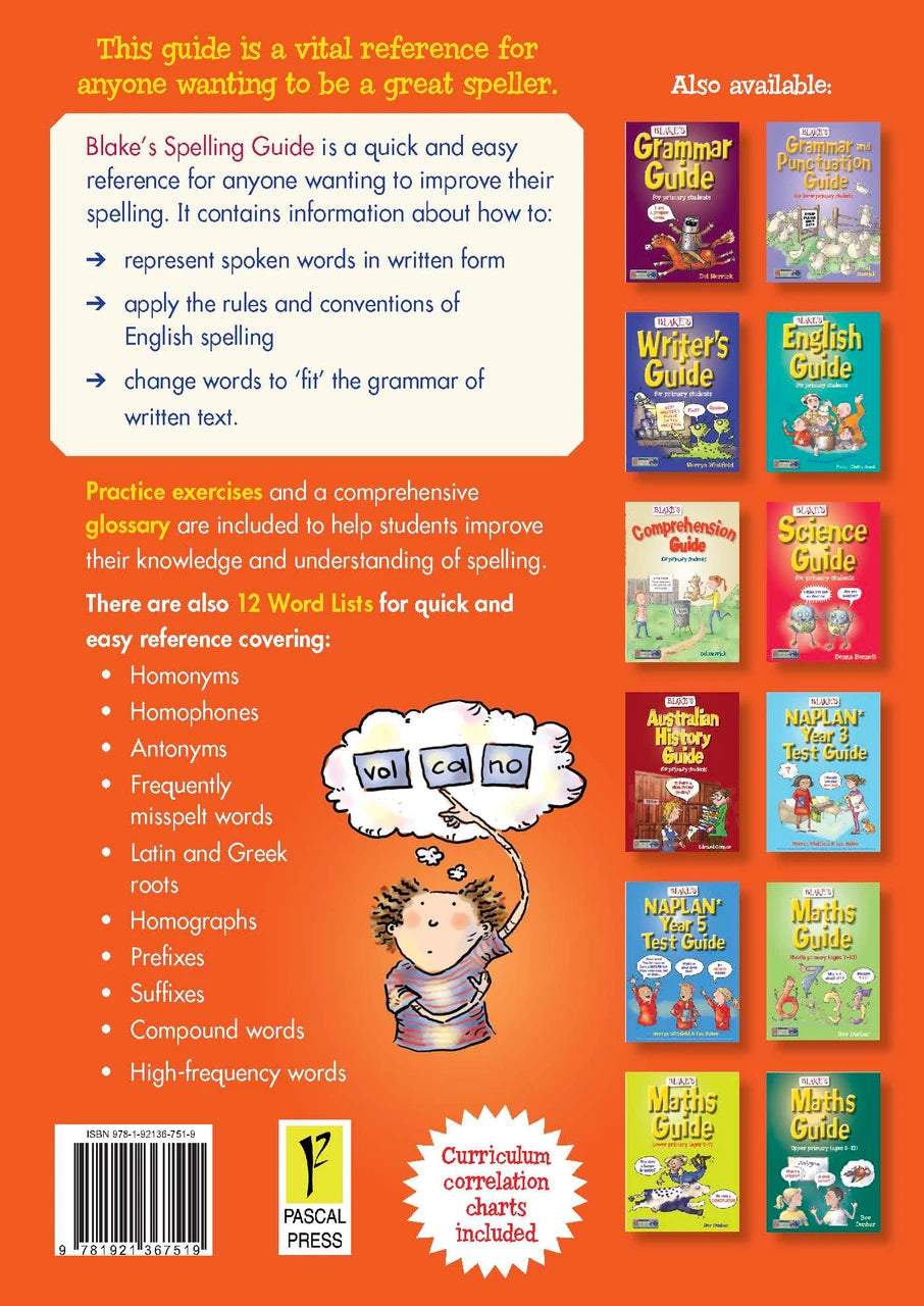 Back cover of Blake's Spelling Guide showing the series branding and a summary of the book's contents
