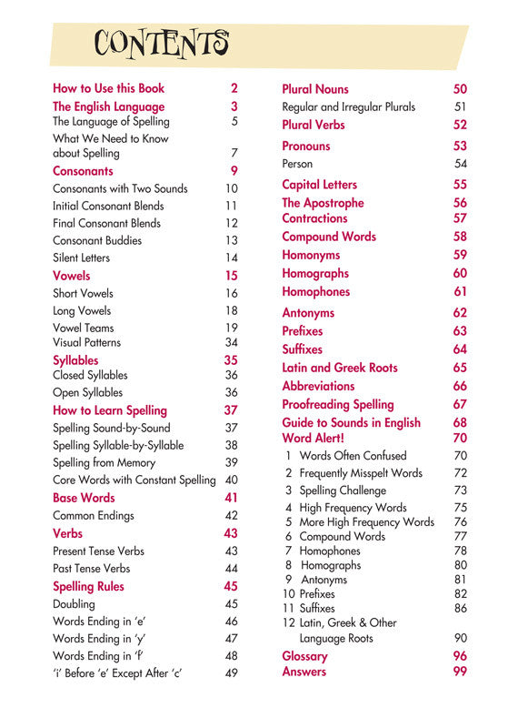 Sample interior page from Blake's Spelling Guide showing explanations and worked examples in colour
