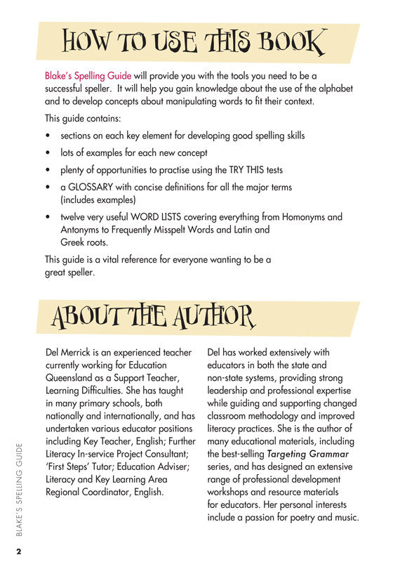Sample interior page from Blake's Spelling Guide showing explanations and worked examples in colour