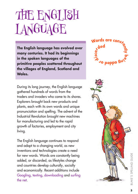 Sample interior page from Blake's Spelling Guide showing explanations and worked examples in colour