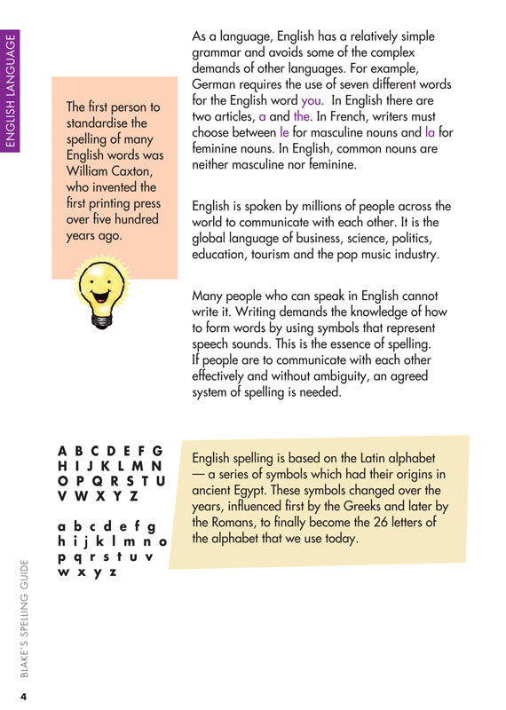 Sample interior page from Blake's Spelling Guide showing explanations and worked examples in colour