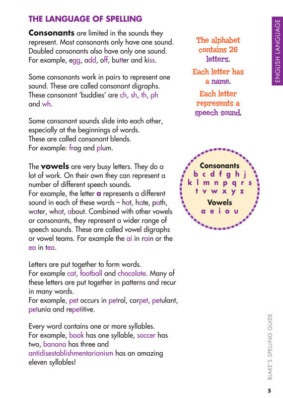 Sample interior page from Blake's Spelling Guide showing explanations and worked examples in colour