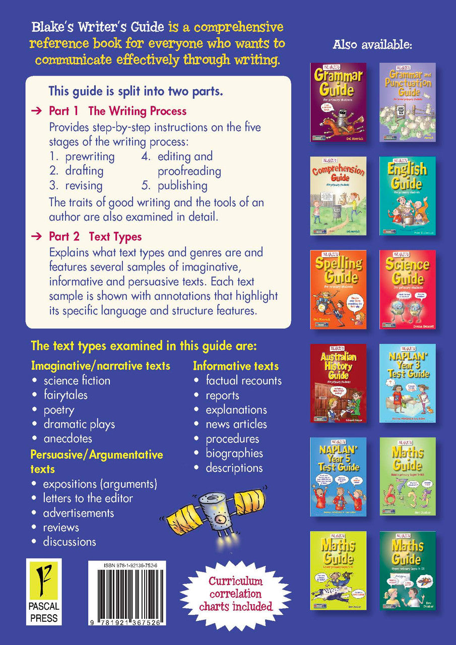 Back cover of Blake's Writer's Guide for primary students, with the publisher's summary of the guide
