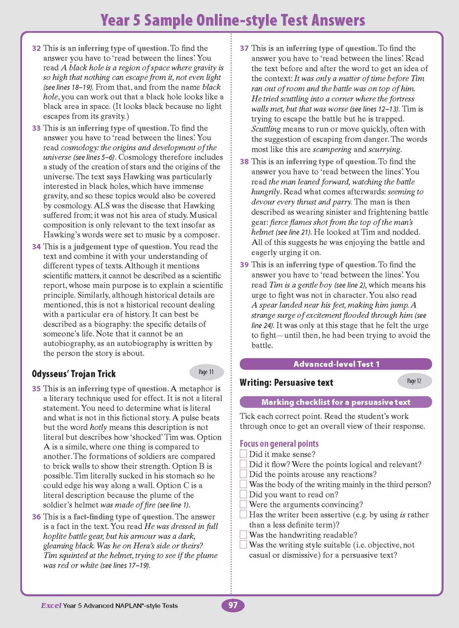 Sample interior page from the Excel Advanced Year 5 NAPLAN-style Tests workbook as shown in the publisher gallery