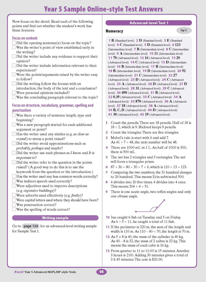 Sample interior page from the Excel Advanced Year 5 NAPLAN-style Tests workbook as shown in the publisher gallery