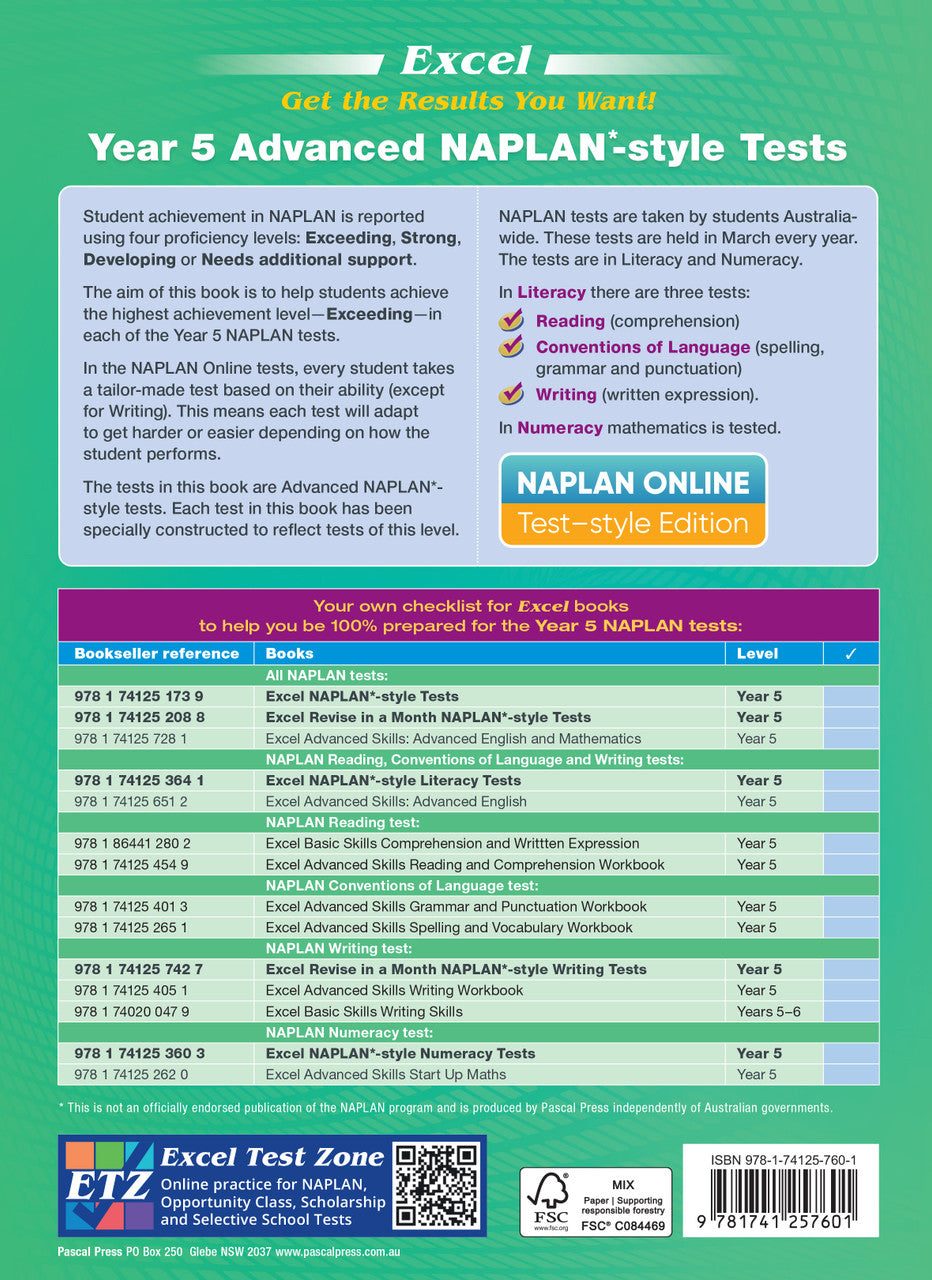 Sample interior page from the Excel Advanced Year 5 NAPLAN-style Tests workbook as shown in the publisher gallery
