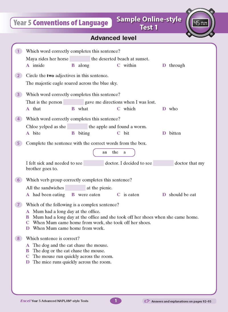 Sample interior page from the Excel Advanced Year 5 NAPLAN-style Tests workbook as shown in the publisher gallery