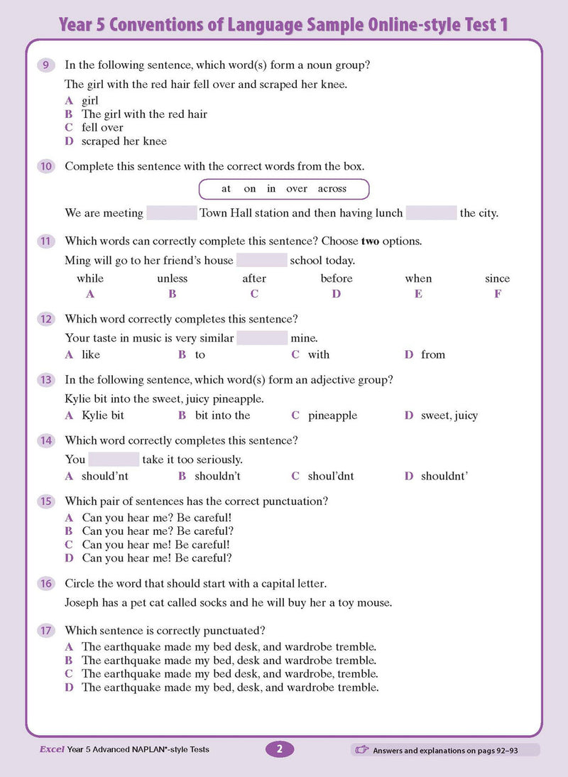 Sample interior page from the Excel Advanced Year 5 NAPLAN-style Tests workbook as shown in the publisher gallery