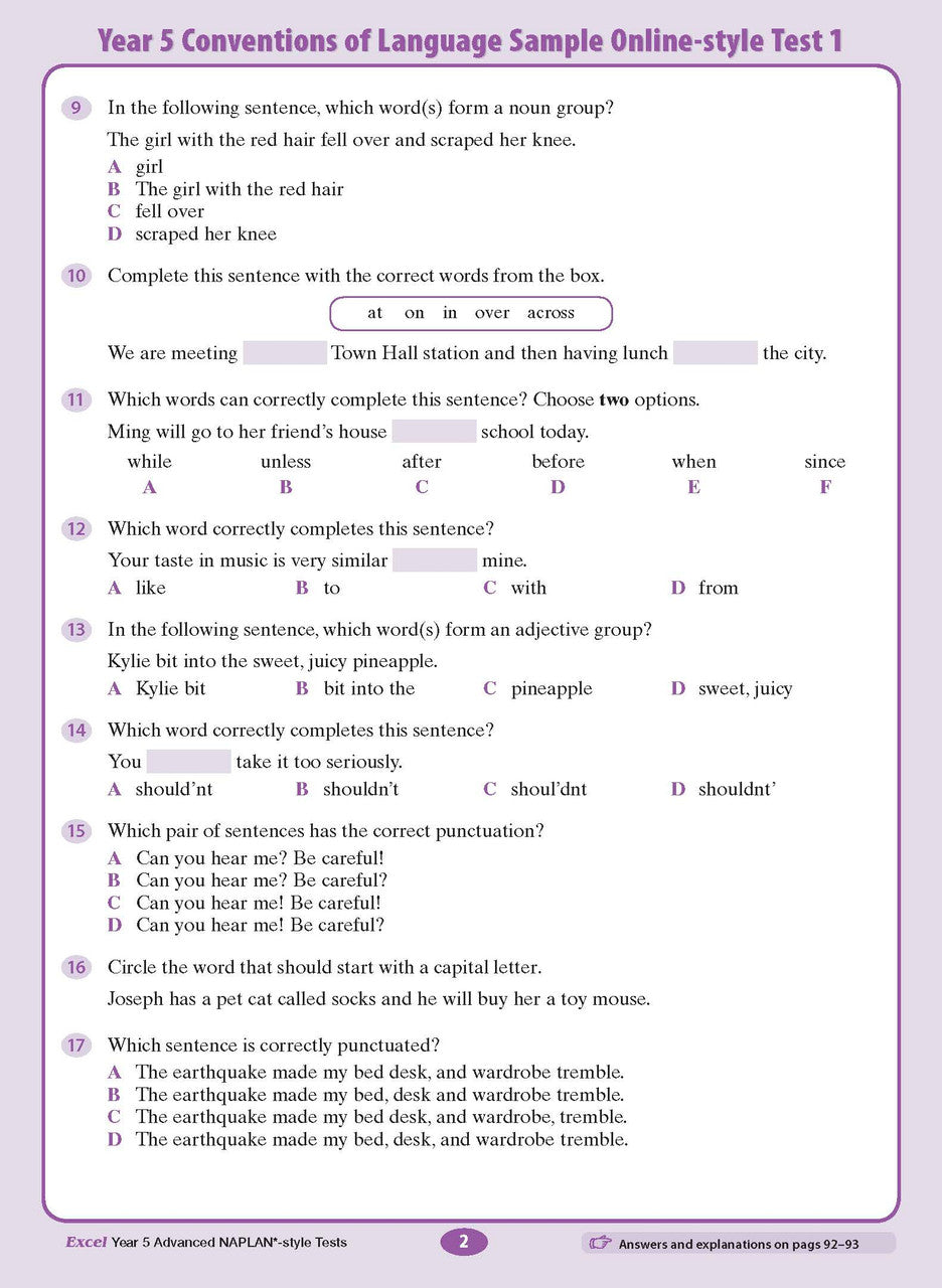 Sample interior page from the Excel Advanced Year 5 NAPLAN-style Tests workbook as shown in the publisher gallery