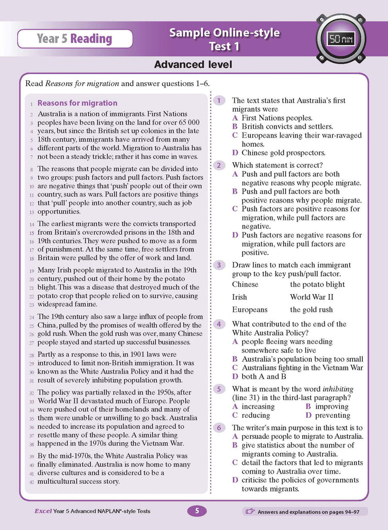 Sample interior page from the Excel Advanced Year 5 NAPLAN-style Tests workbook as shown in the publisher gallery