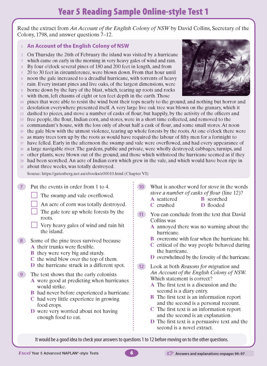 Sample interior page from the Excel Advanced Year 5 NAPLAN-style Tests workbook as shown in the publisher gallery