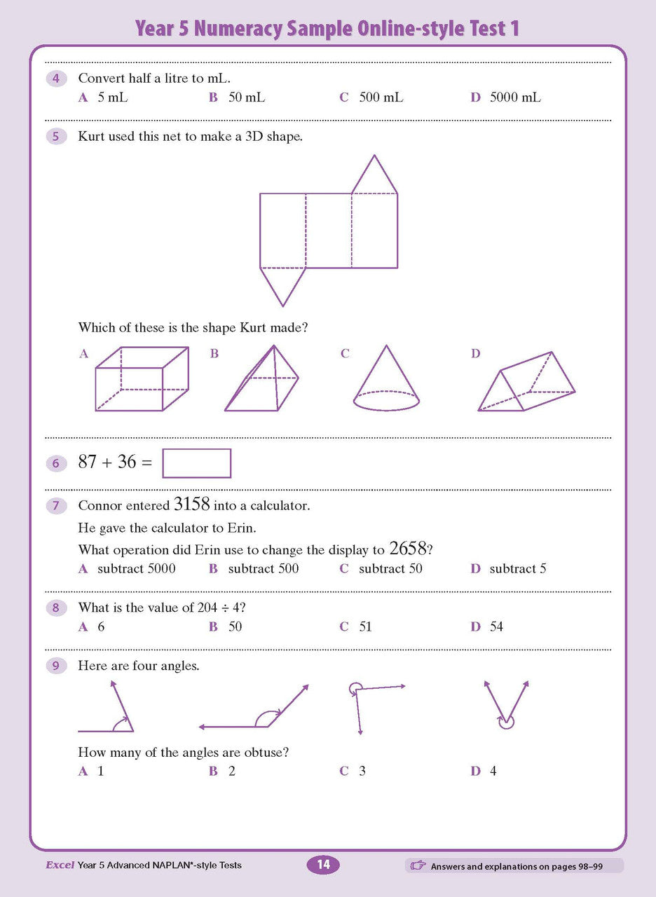 Sample interior page from the Excel Advanced Year 5 NAPLAN-style Tests workbook as shown in the publisher gallery