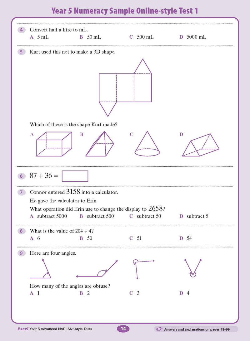 Sample interior page from the Excel Advanced Year 5 NAPLAN-style Tests workbook as shown in the publisher gallery