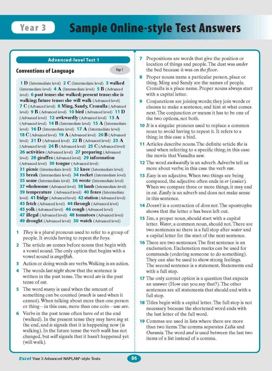 Sample interior page from the Excel Advanced Year 3 NAPLAN-style Tests workbook as shown in the publisher gallery