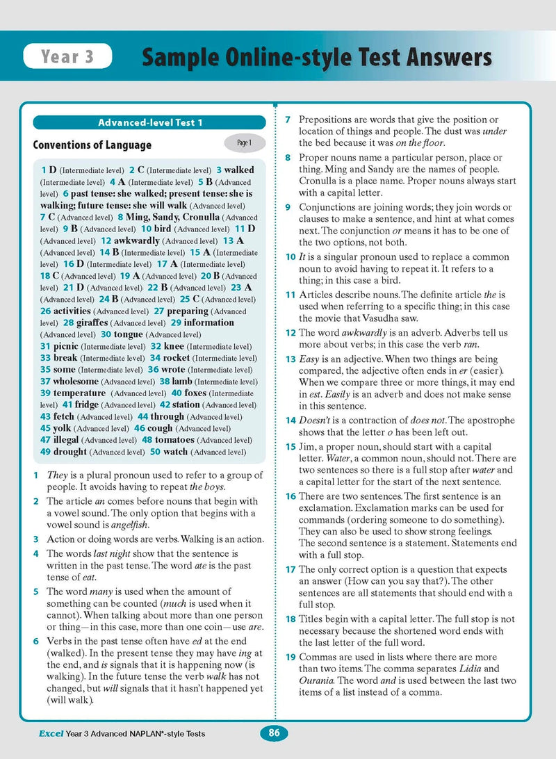 Sample interior page from the Excel Advanced Year 3 NAPLAN-style Tests workbook as shown in the publisher gallery