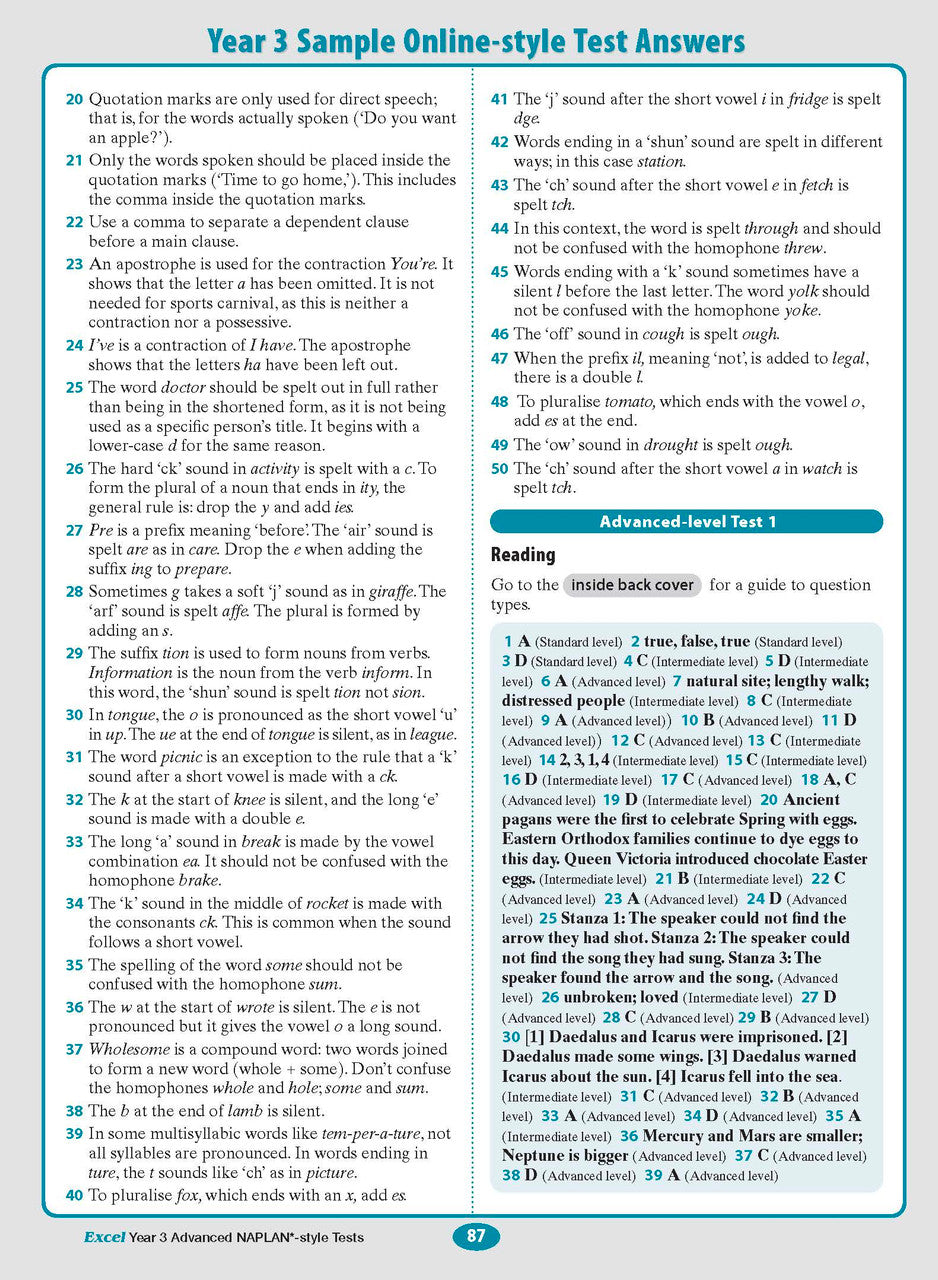 Sample interior page from the Excel Advanced Year 3 NAPLAN-style Tests workbook as shown in the publisher gallery