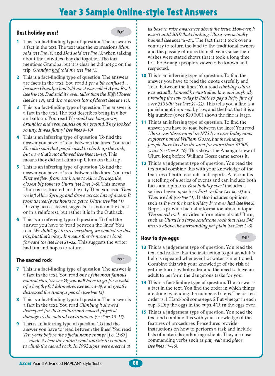 Sample interior page from the Excel Advanced Year 3 NAPLAN-style Tests workbook as shown in the publisher gallery