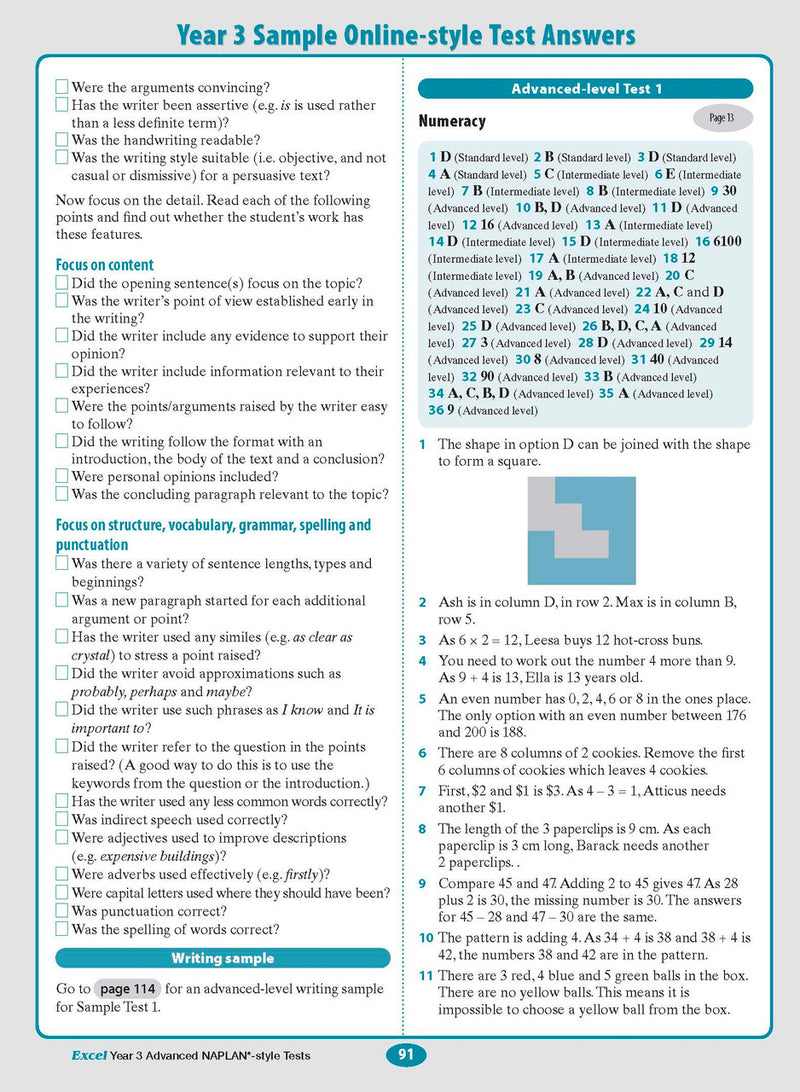 Sample interior page from the Excel Advanced Year 3 NAPLAN-style Tests workbook as shown in the publisher gallery