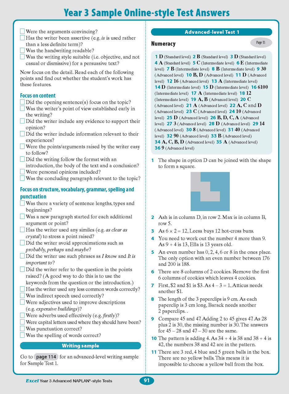 Sample interior page from the Excel Advanced Year 3 NAPLAN-style Tests workbook as shown in the publisher gallery