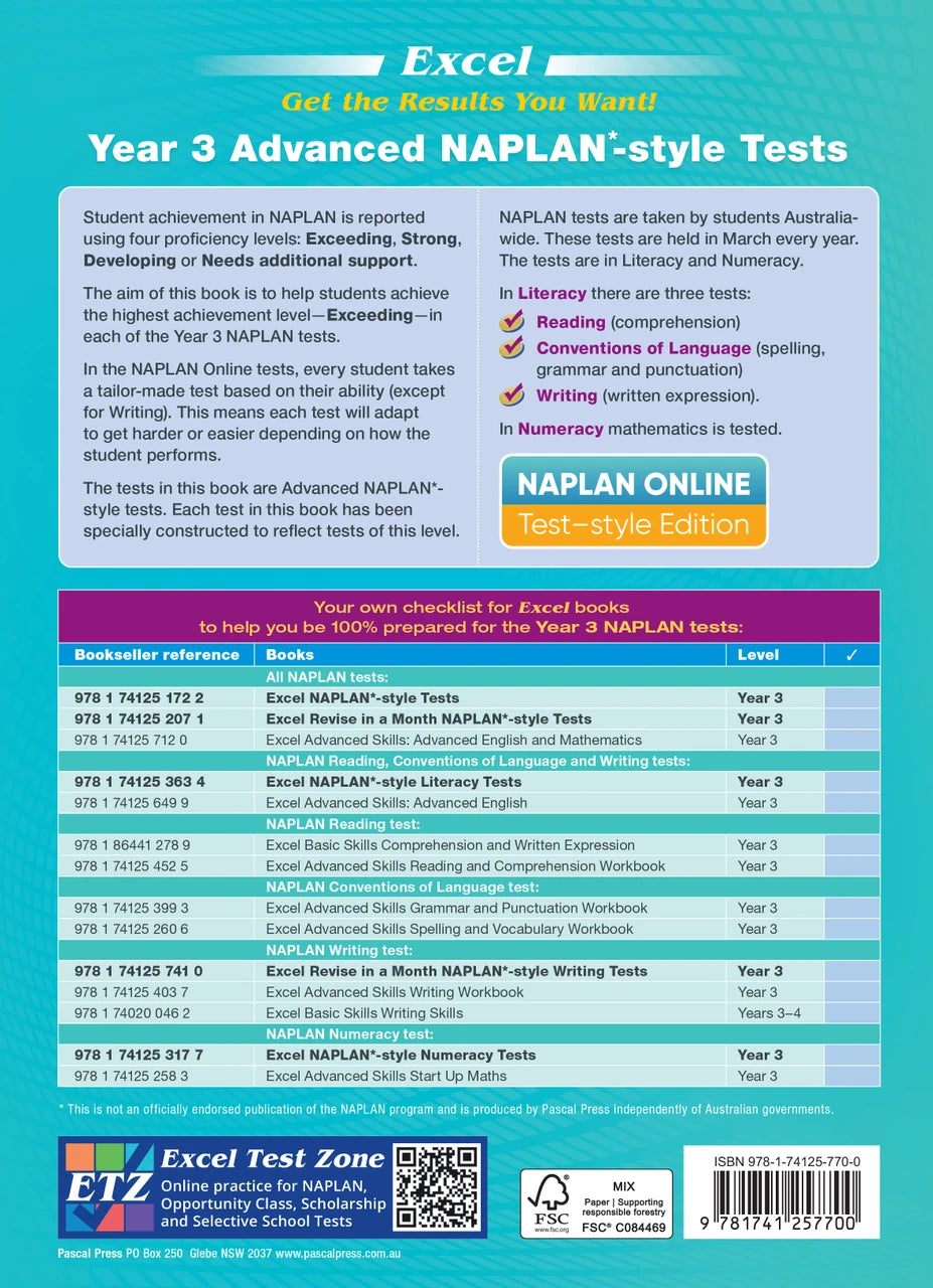 Sample interior page from the Excel Advanced Year 3 NAPLAN-style Tests workbook as shown in the publisher gallery