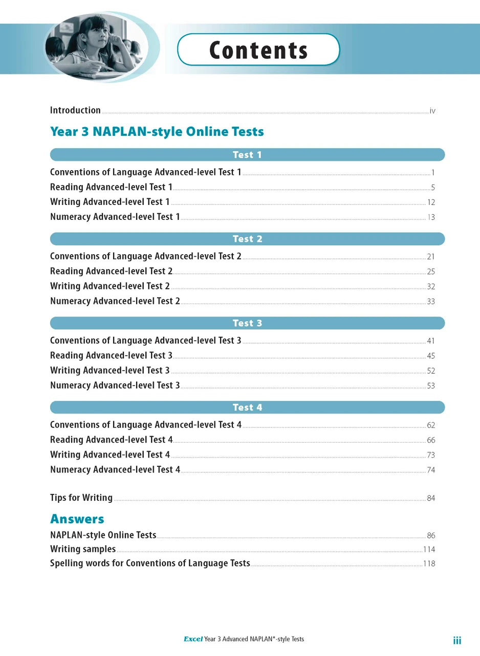 Sample interior page from the Excel Advanced Year 3 NAPLAN-style Tests workbook as shown in the publisher gallery