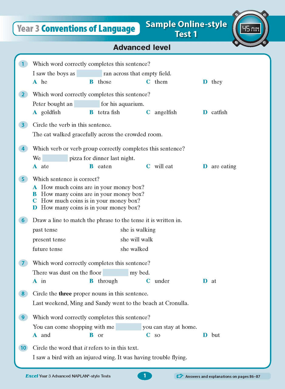 Sample interior page from the Excel Advanced Year 3 NAPLAN-style Tests workbook as shown in the publisher gallery