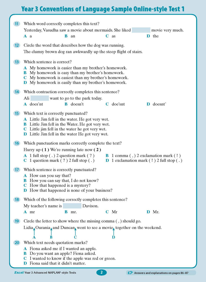 Sample interior page from the Excel Advanced Year 3 NAPLAN-style Tests workbook as shown in the publisher gallery