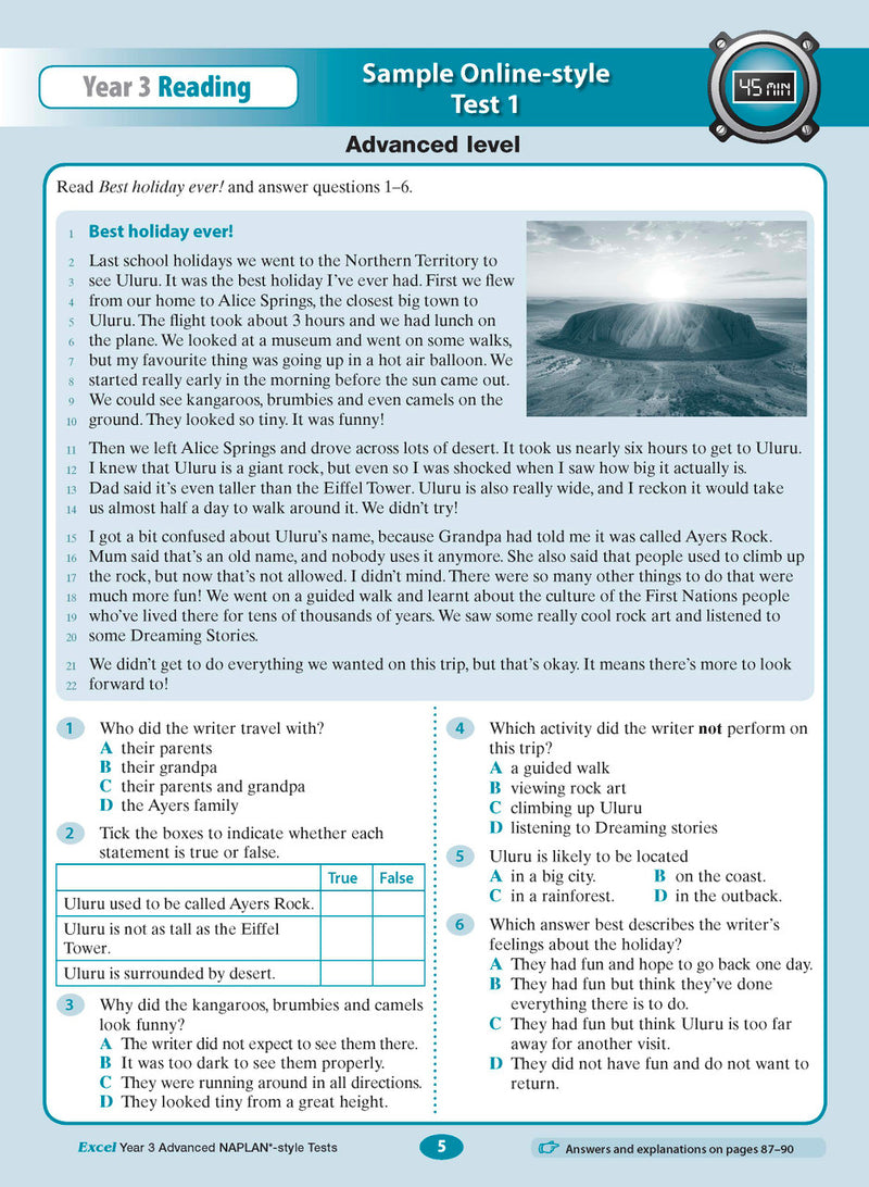 Sample interior page from the Excel Advanced Year 3 NAPLAN-style Tests workbook as shown in the publisher gallery