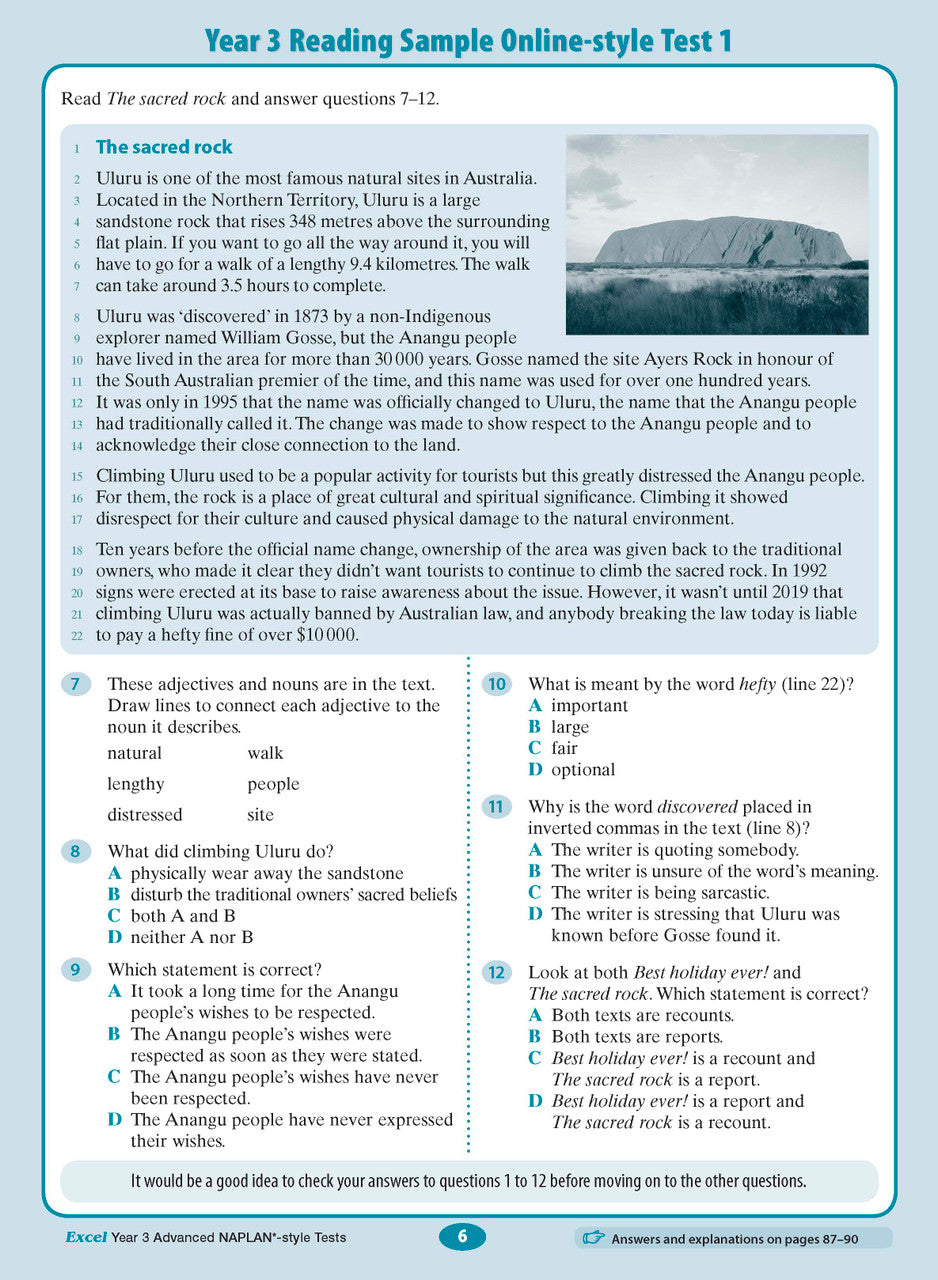Sample interior page from the Excel Advanced Year 3 NAPLAN-style Tests workbook as shown in the publisher gallery