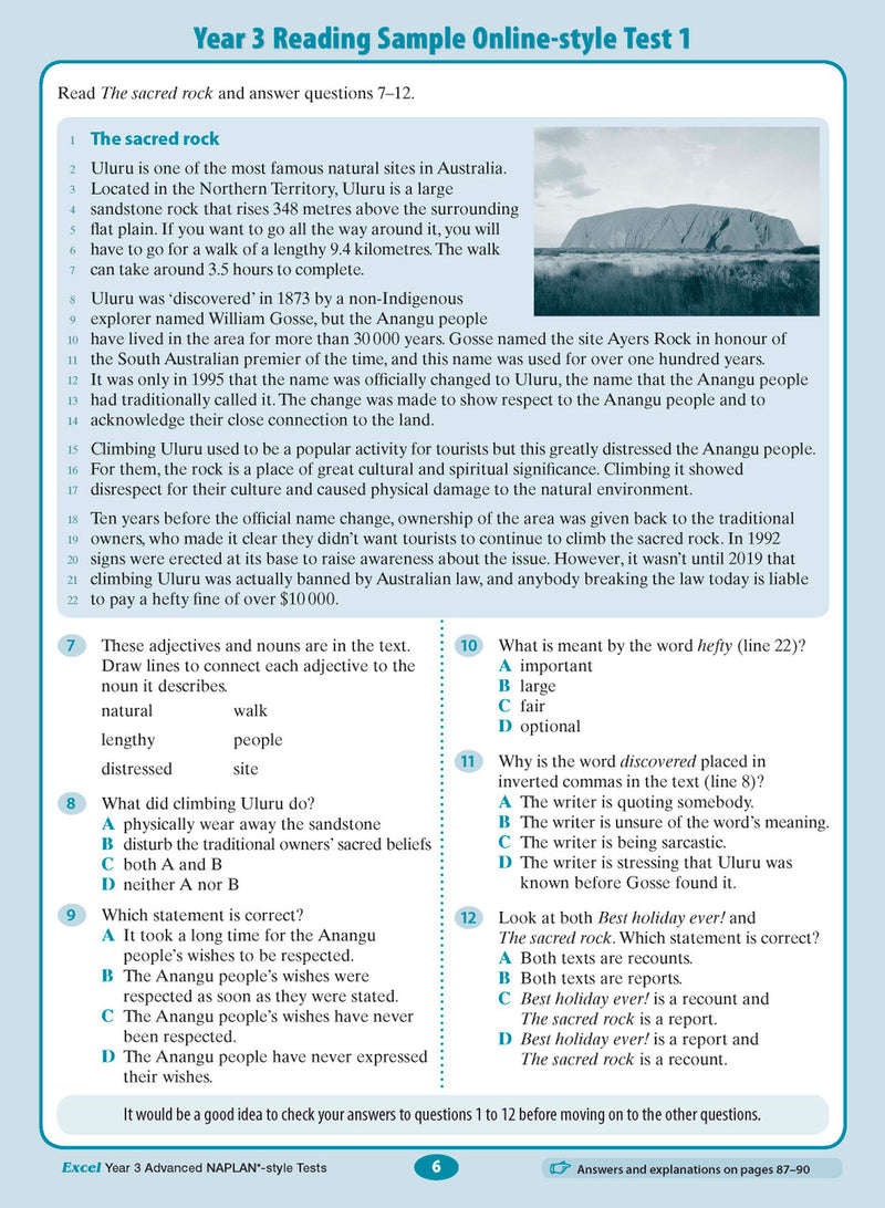 Sample interior page from the Excel Advanced Year 3 NAPLAN-style Tests workbook as shown in the publisher gallery