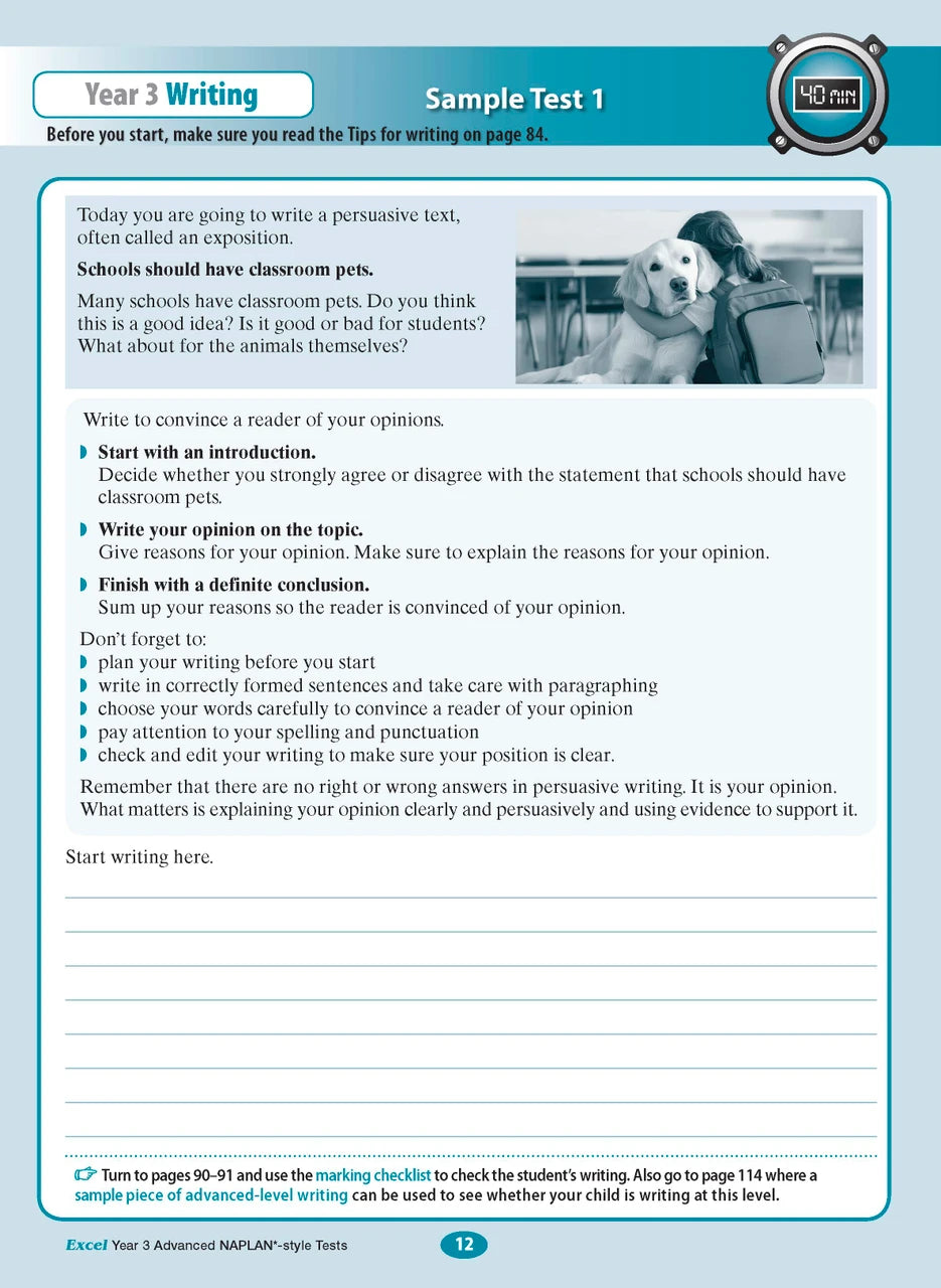 Sample interior page from the Excel Advanced Year 3 NAPLAN-style Tests workbook as shown in the publisher gallery