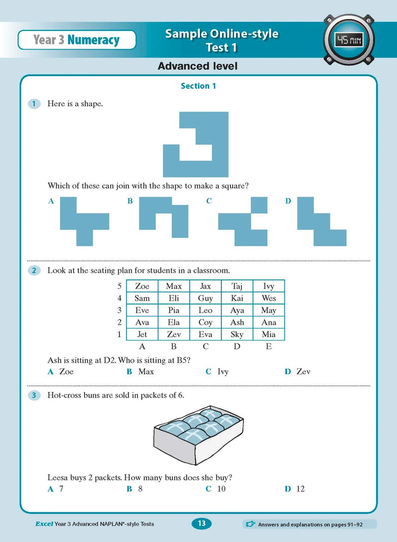 Sample interior page from the Excel Advanced Year 3 NAPLAN-style Tests workbook as shown in the publisher gallery